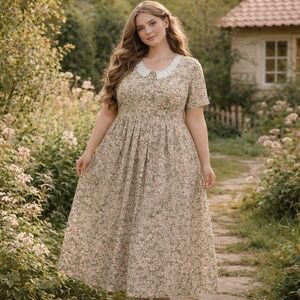 Vtg Dress Green with Pink Floral Sz 18‎ Button Front Lace Collar Y2K Cottagecore